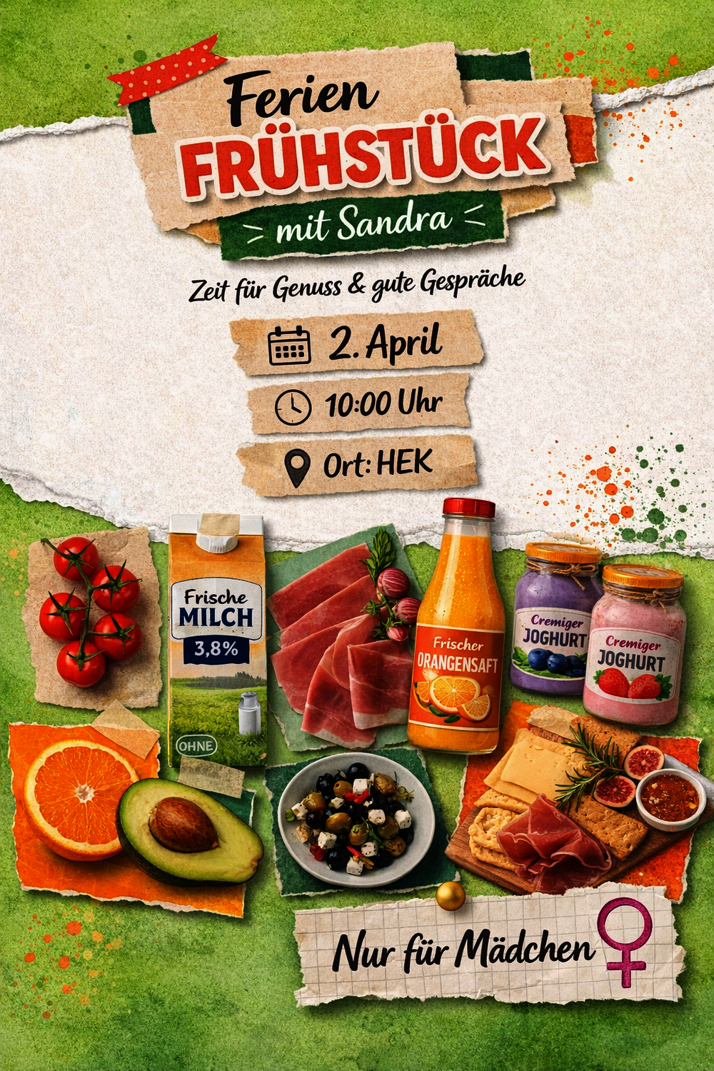 Frühstücksbestadnteile in einer Collage in grün-weißer freundlicher Aufmachung