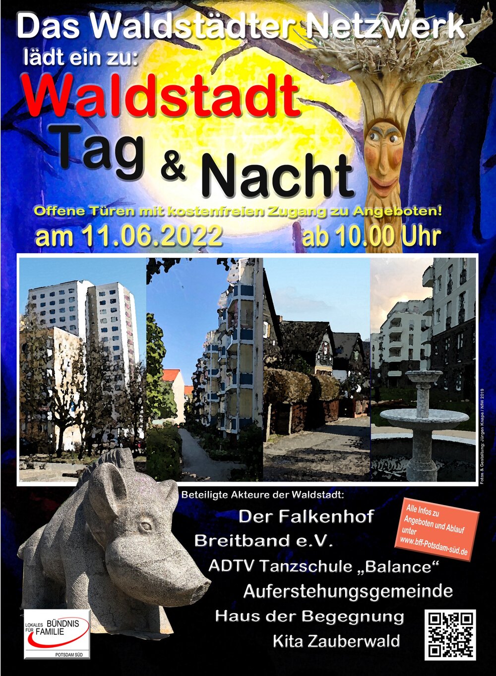 Poster mit zwei Ansichten der Waldstadt, Kunst vom Abenteurspielplatz und den Namen der beteiligten Akteure