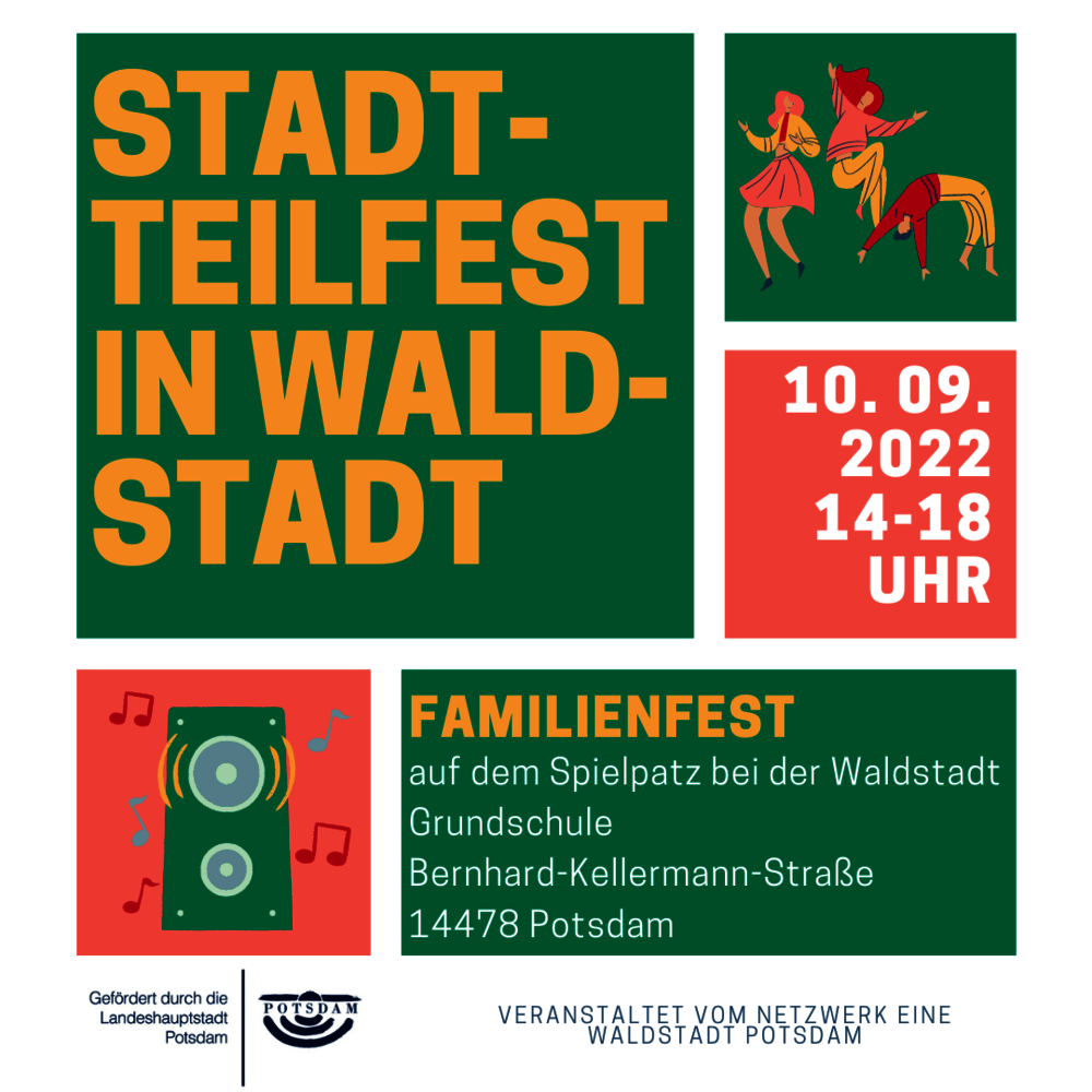 Ankündigung des Stadtteilfest Waldstadt, mit tanzenden Kids