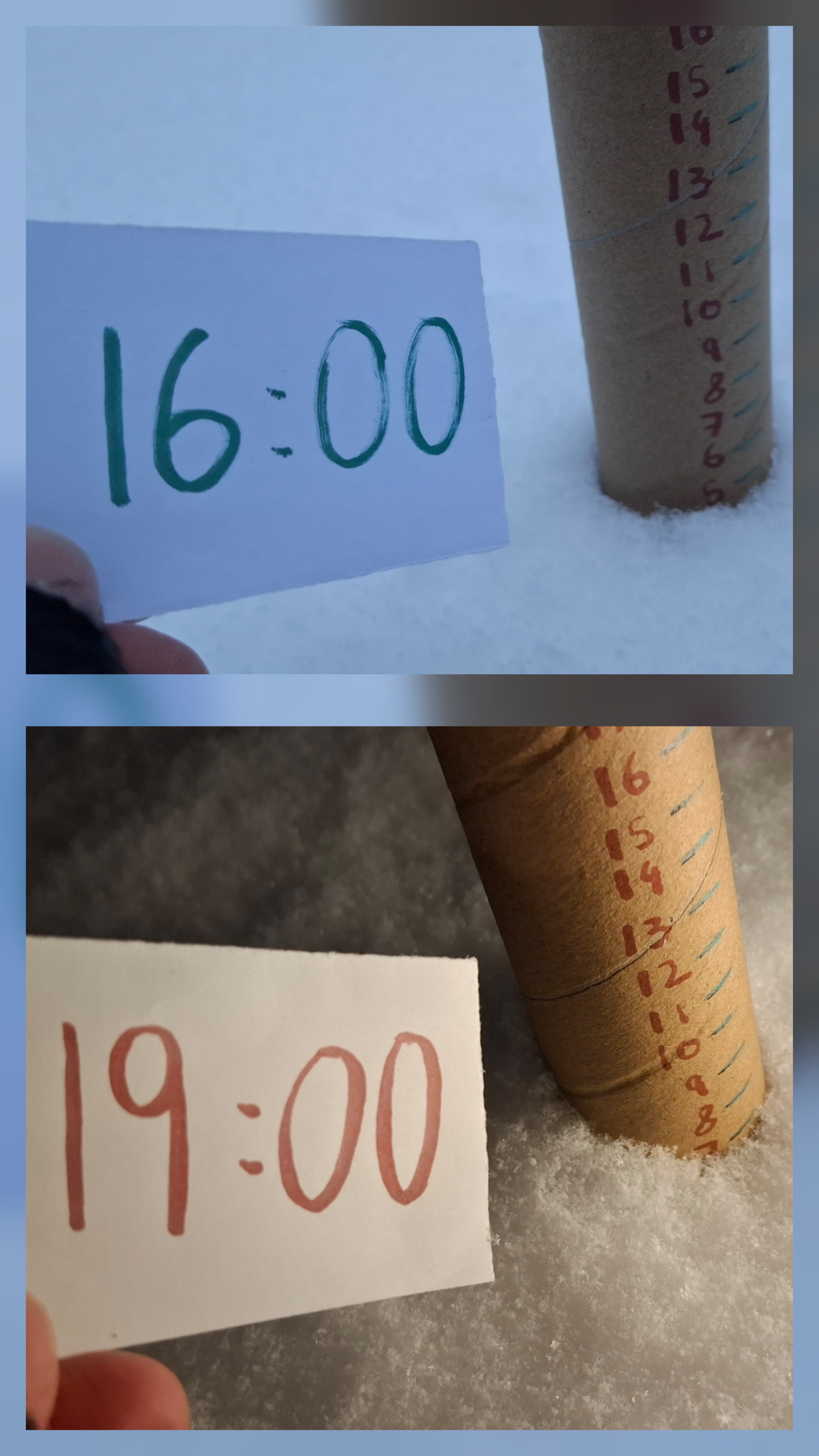 Schnee mit einer Messlatte, einmal mit unter 5 cm um 16 Uhr und 7cm um 19 Uhr