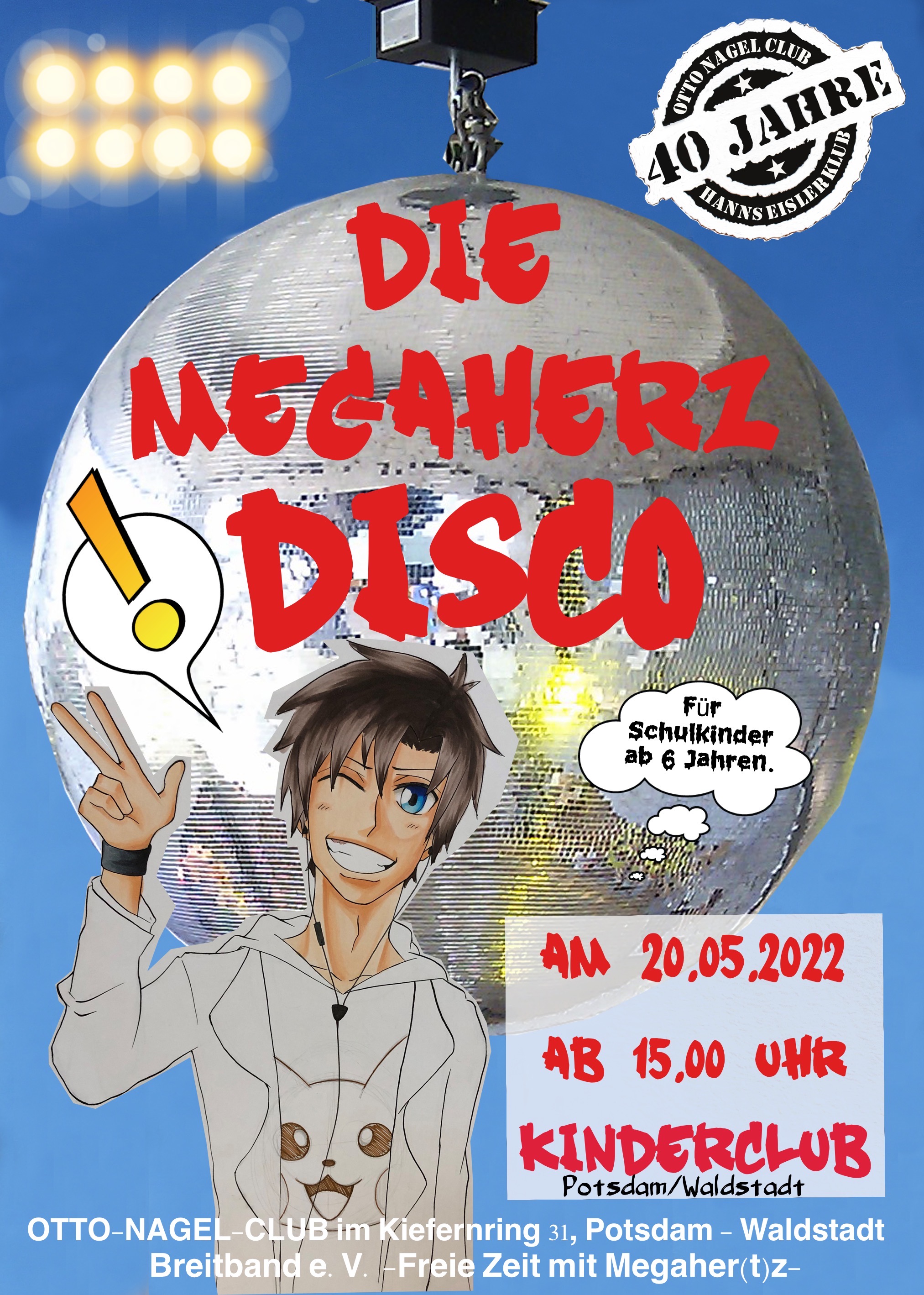 Plakat mit einer Discokugel und einem Anime-Jungen zur Ankündigung der Megaherz-Disco